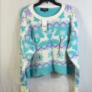 32 Degrees White Teal and Lavender Crop Sweater Size XXL New Reindeer Design
